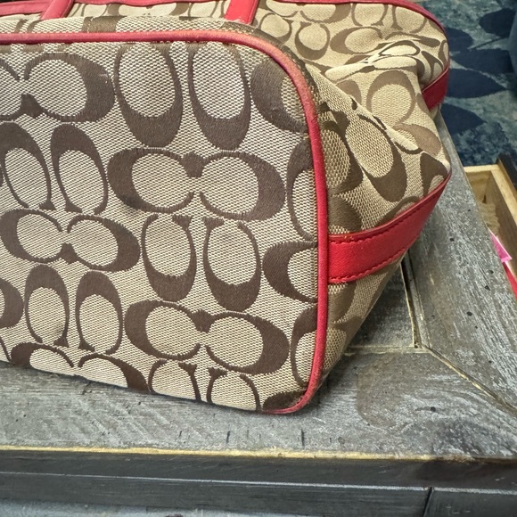 Coach 23465 Signature Canvas Weekend Zip Top Tote Bag Purse Handbag Red Khaki - Picture 3 of 16